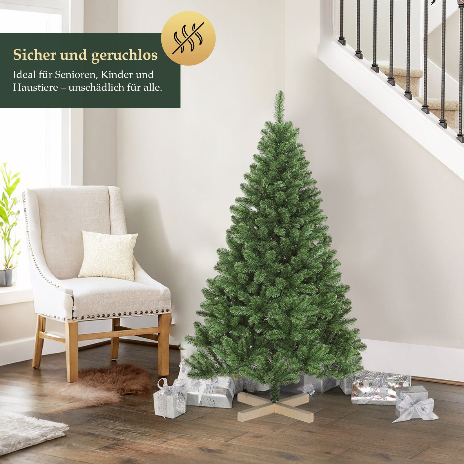 SALCAR Künstlicher Weihnachtsbaum 120/150/180/210 cm – Nordmanntanne-Optik mit Holzständer, Premium-Tannenbaum aus PVC mit runden Zweigspitzen