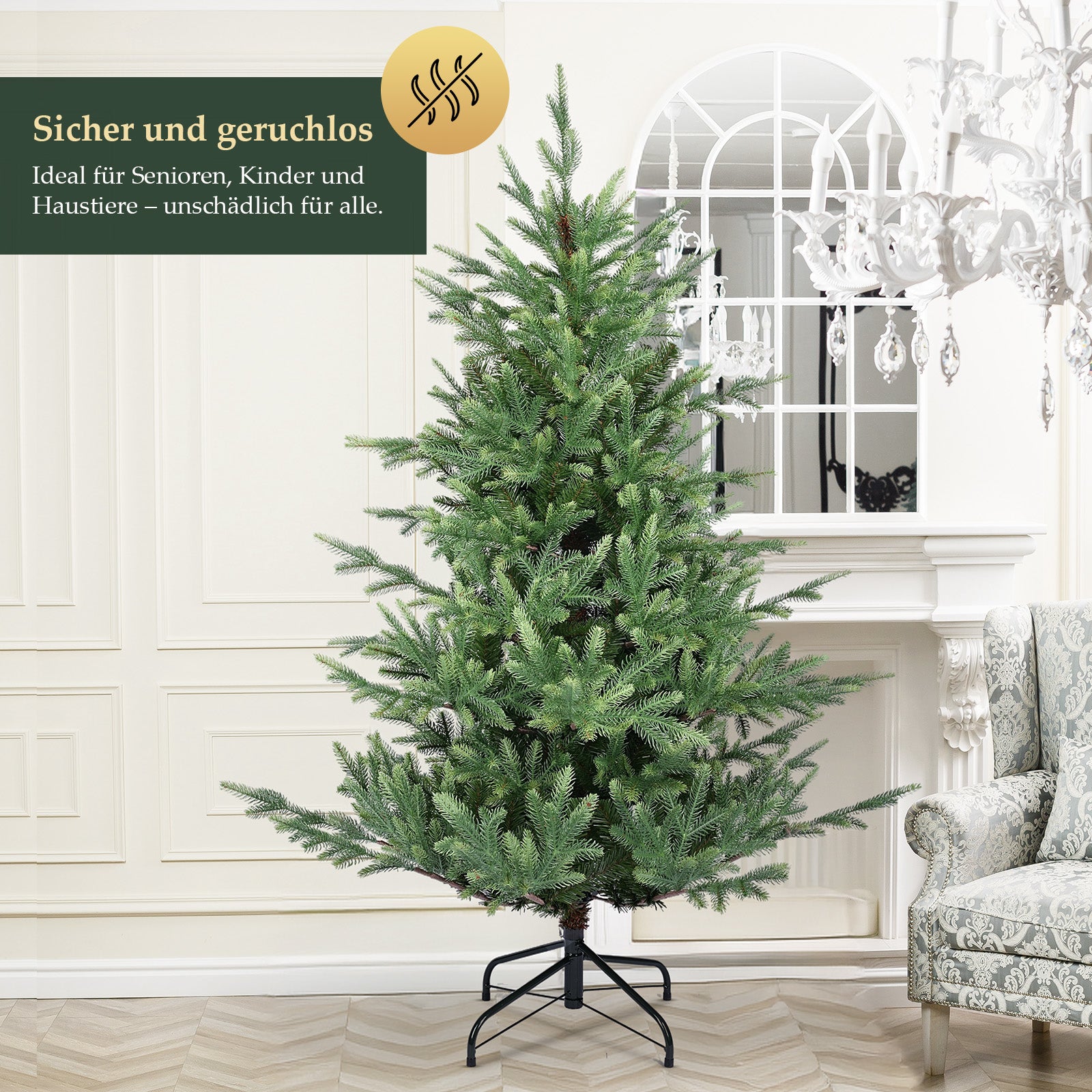 SALCAR Künstlicher Weihnachtsbaum 150/180/210 cm, 90 % PE Spritzguss Premium Tannenbaum, naturgetreuer Christbaum mit Metallständer & Handschuhen – Dicht, Klappbar & Wiederverwendbar