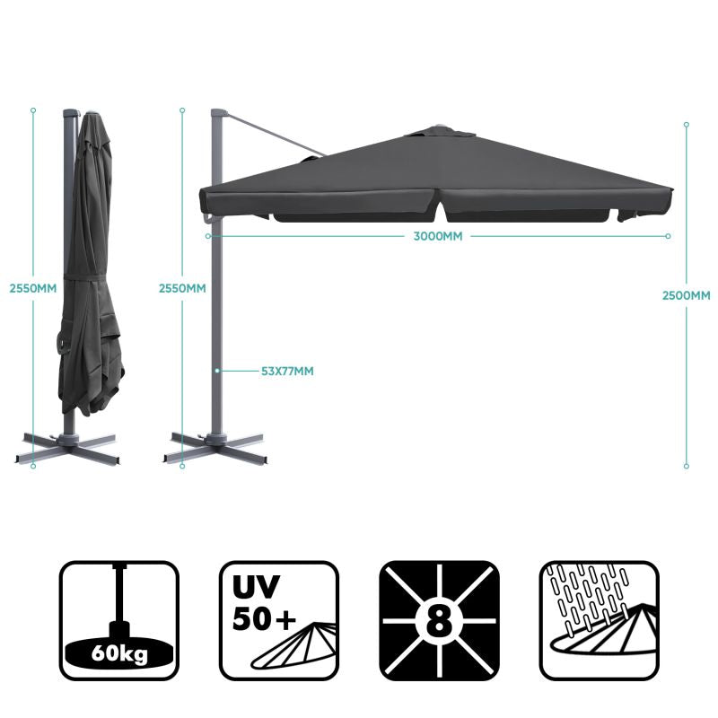 Sekey 300 cm x 300 cm cantilever parasol, sun protection UV50+