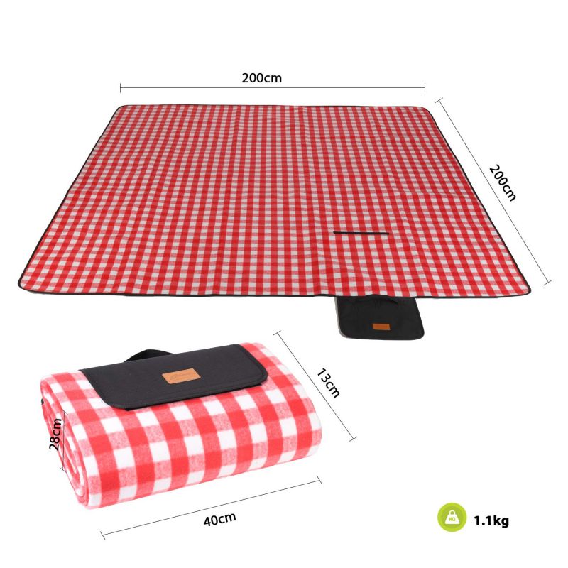 Sekey 200 x 200 cm picnic blanket with red and white checked fleece fabric