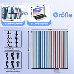 Sekey Picknickdecke – Wasserdicht & sandfest, faltbare Strandmatte mit PEVA-Unterseite, gepolstert & tragbar für Camping, Strand & Wiese – Blau-Weiß-Rote Streifen Sekey