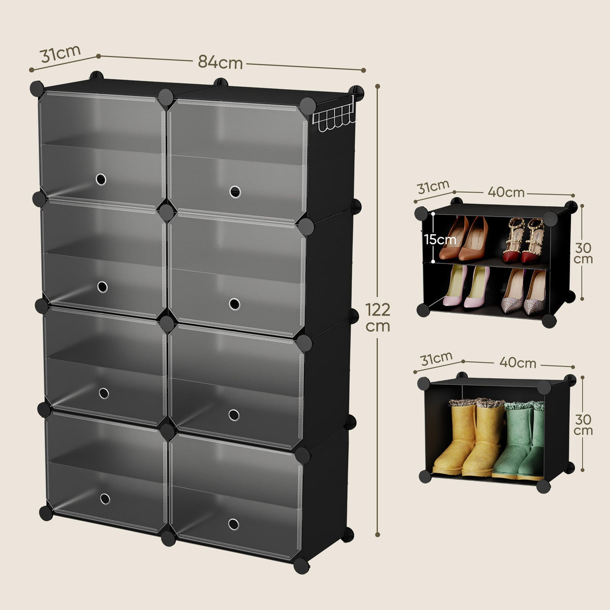 Sekey Schuhschrank Schwarz – Modulares Stecksystem, stabil & platzsparend, ideal für Flur & Kleiderschrank Sekey