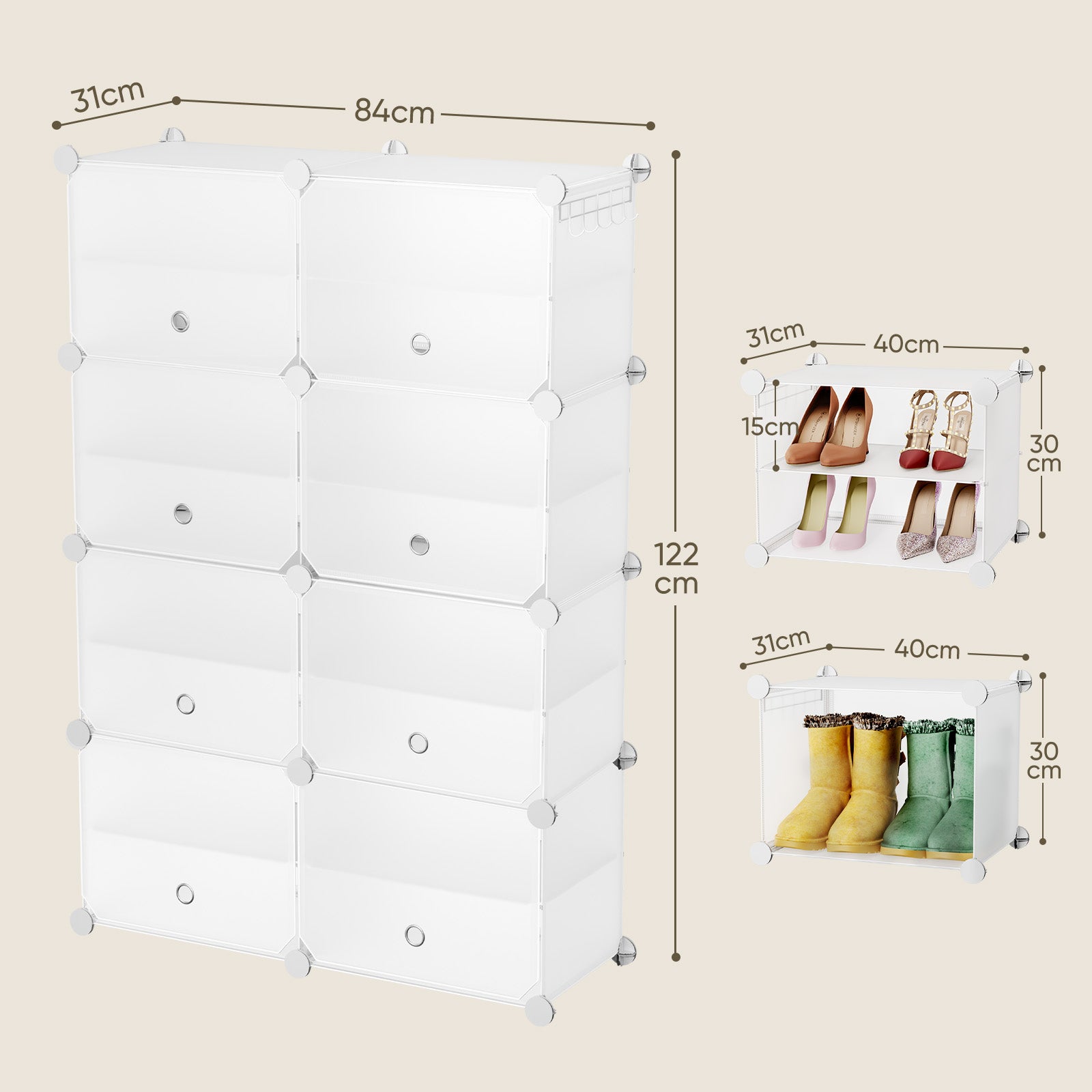 Sekey Weiß Schuhschrank mit 6/8/10 Fächern – Großes modulares Schuhregal für bis zu 24 Paar Schuhe