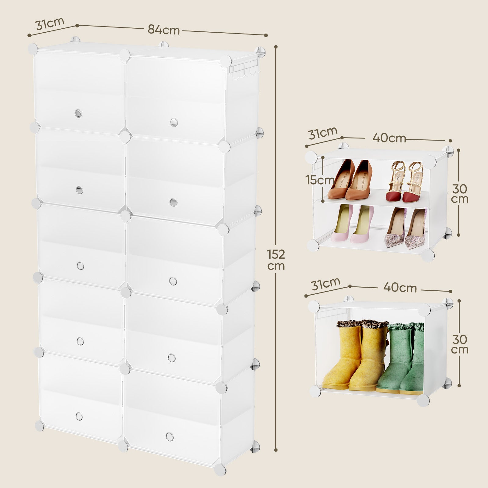 Sekey Weiß Schuhschrank mit 6/8/10 Fächern – Großes modulares Schuhregal für bis zu 24 Paar Schuhe