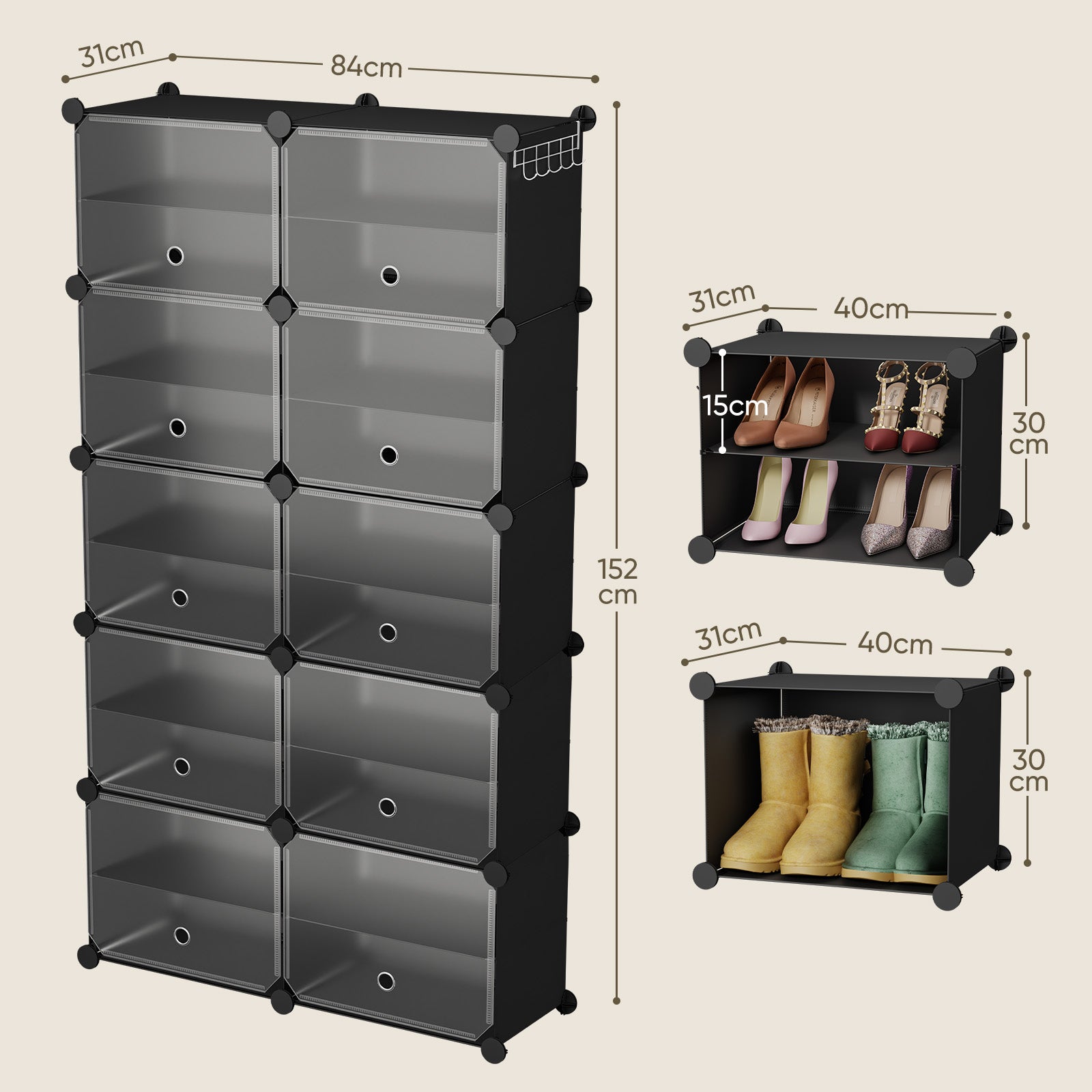 Sekey Schuhschrank Schwarz – Modulares Stecksystem, stabil & platzsparend, ideal für Flur & Kleiderschrank
