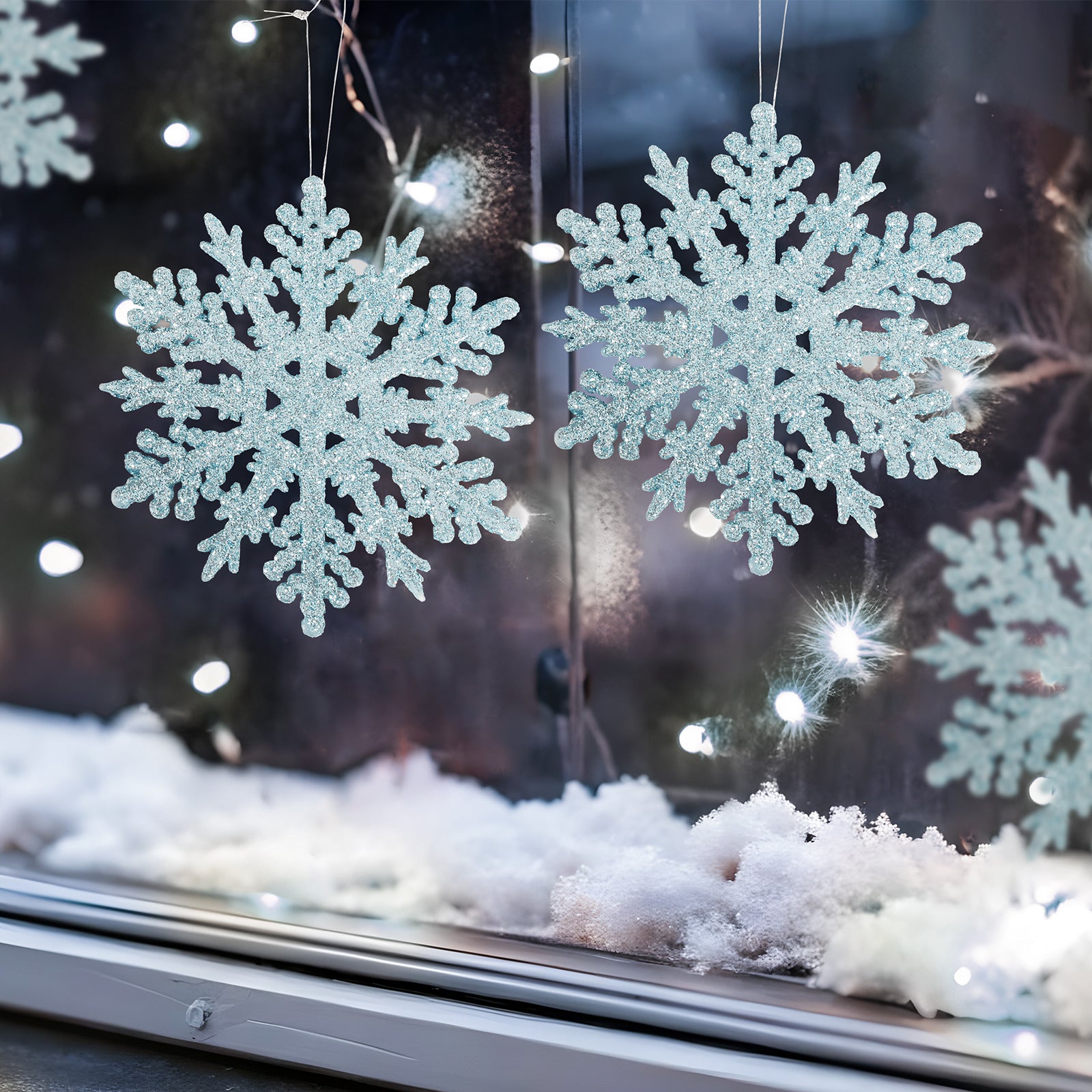 SALCAR 24 Stück Schneeflocken Weihnachtsdeko Blau – Glitter Schneeflocken Anhänger Ø10cm, Wiederverwendbarer Weihnachtsbaumschmuck für Winter & Festtage