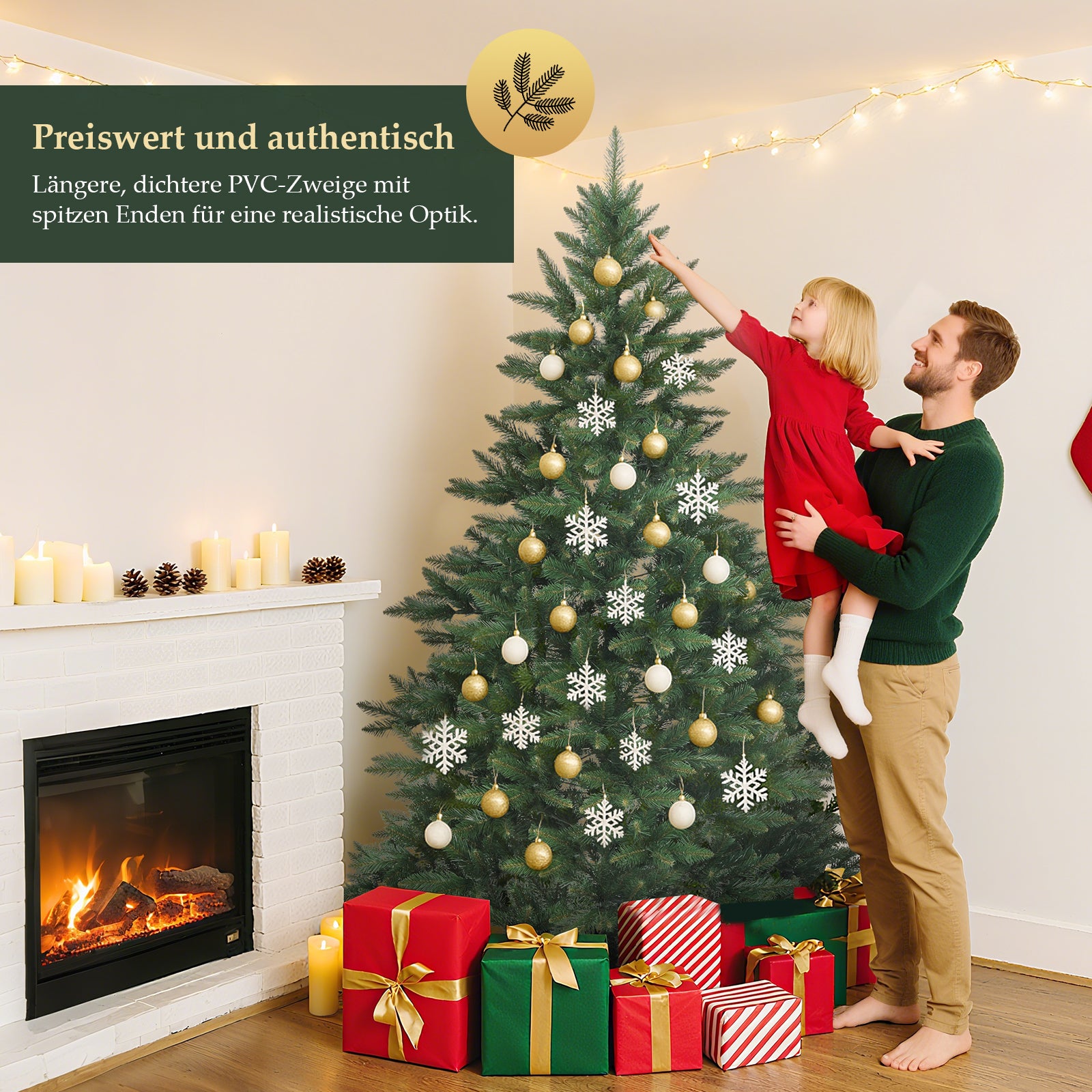 SALCAR Künstlicher Weihnachtsbaum mit Holzständer, 150/180/210 cm, Realistischer PVC Christbaum, Pflegeleicht & Hochwertige Weihnachtsdekoration für Innenräume