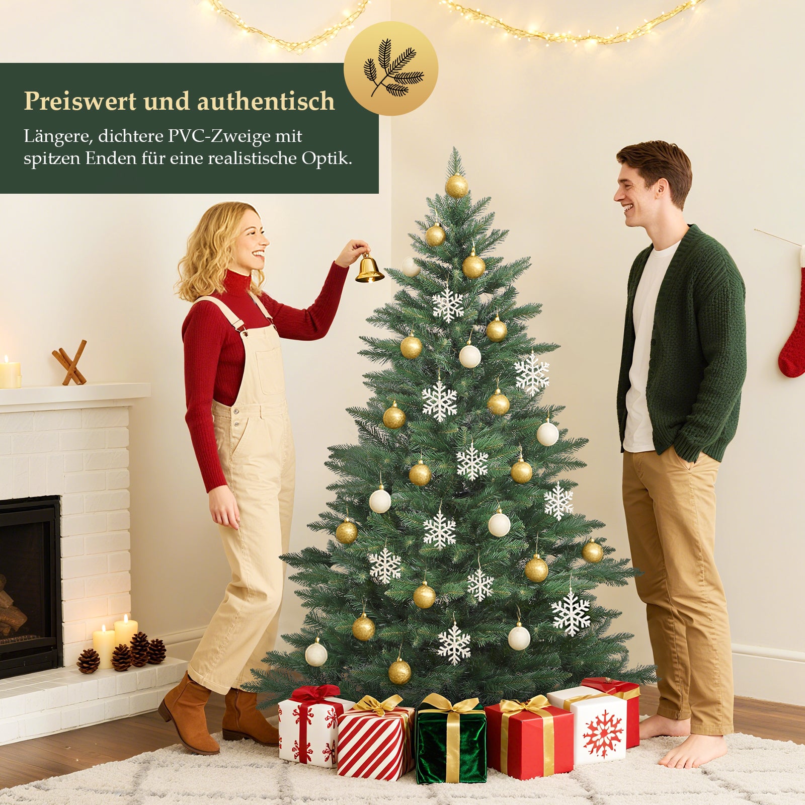 SALCAR Künstlicher Weihnachtsbaum mit Holzständer, 150/180/210 cm, Realistischer PVC Christbaum, Pflegeleicht & Hochwertige Weihnachtsdekoration für Innenräume
