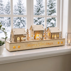 Salcar LED Schwibbogen aus Holz – 43 cm 3D Weihnachtsdorf, 8 LEDs, Batteriebetrieben, Naturholzoptik
