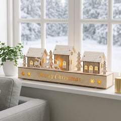 Salcar LED Schwibbogen aus Holz – 43 cm 3D Weihnachtsdorf, 8 LEDs, Batteriebetrieben, Naturholzoptik