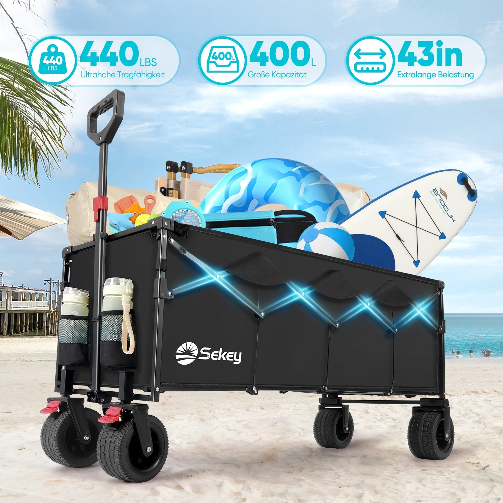Sekey Faltbarer Bollerwagen 400 L, Extra Lang (110 cm), 200 kg – sekeymall