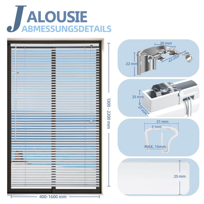 Sekey aluminium blinds without drilling, 25mm aluminium slats, silver