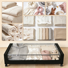 Sekey Unterbett-Aufbewahrungsbox mit Rollen – 78 × 44 × 14 cm, Metallrahmen & PVC-Fenster für Kleidung & Bettwäsche