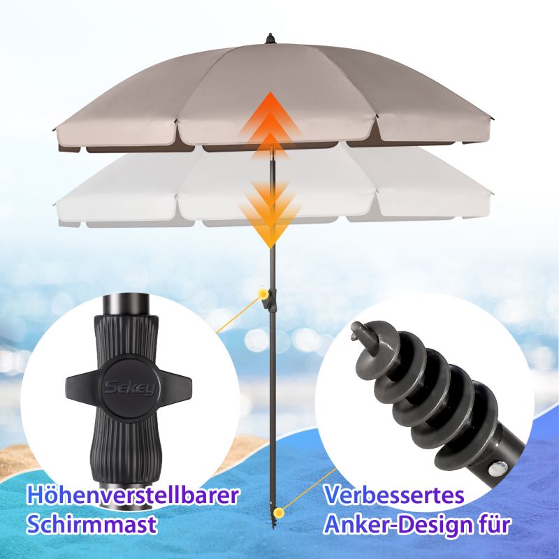 Sekey ∅ 180 cm beach umbrella with protective cover and ground sleeve, sun protection UV50+