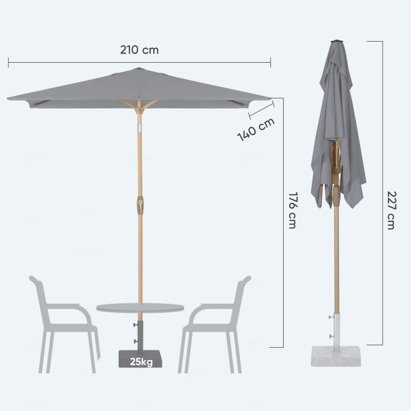 Sekey 210 x 140 cm aluminum parasol with crank, sun protection UV50+, made of wood-metal