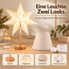 Salcar LED Paper Star with Wooden Base – Illuminated Christmas Star with 2 Lampshades, Warm White Light, Foldable &amp; Replaceable E14 Bulb