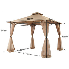 Sekey Garten Pavillon 3x3 m, Gartenzelt mit Moskitonetz, Atmungsaktives Doppeldach 160g/㎡ Polyester