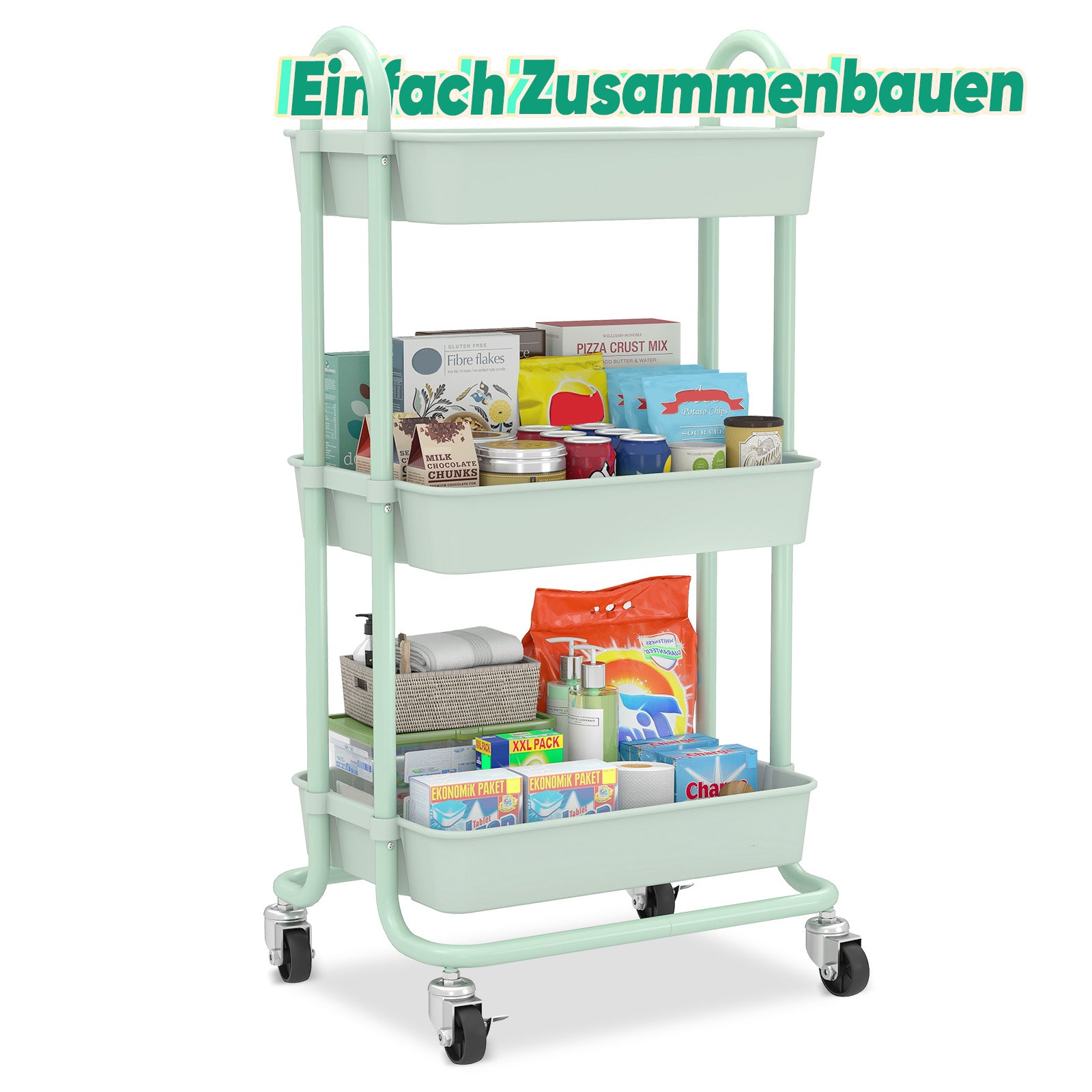Sekey Rollwagen mit 3 Ebenen – Küchenwagen aus Kunststoff & Edelstahl, rostfest, 360°-Gummiräder mit Bremse, ergonomischem Griff, bis 30 kg belastbar, vielseitiger Servierwagen für Küche, Bad, Büro & mehr – Mintgrün