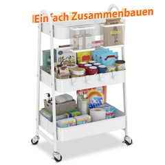 Sekey Rollwagen mit 3 Ebenen – Küchenwagen aus Stahl mit rostfester Lackierung, 2 Hängekörben & 4 Haken, 360°-Rollen mit Bremse, ergonomischem Griff, bis 30 kg belastbar, vielseitiger Servierwagen für Küche, Bad, Büro & mehr – Weiß Sekey
