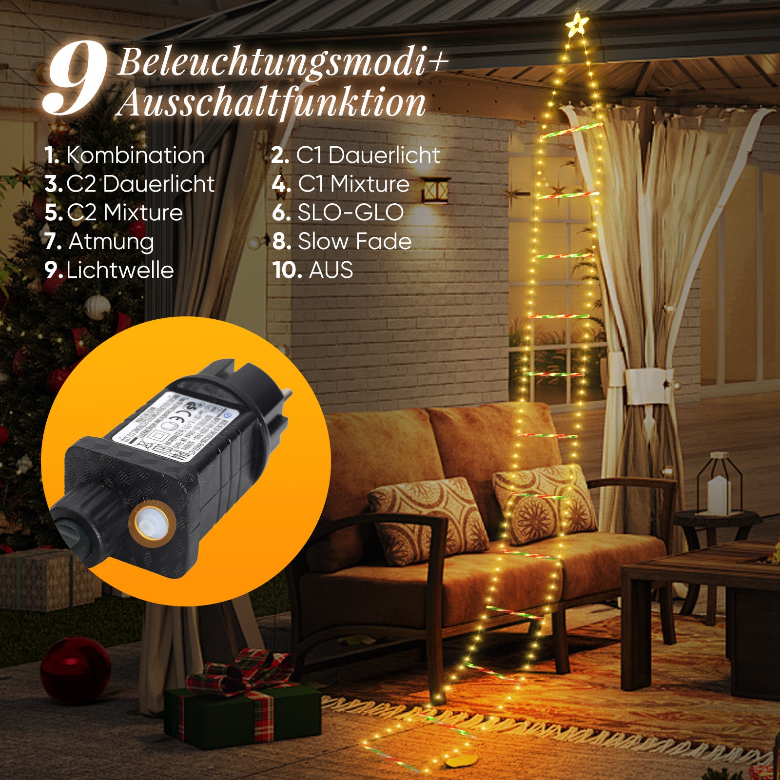 SALCAR LED Weihnachts Leiter Lichterkette 3 m, 260 LEDs, Warmweiß & Bunt, 9 Modi, Timer & Memory, IP44 Wasserdicht, Weihnachtsbeleuchtung für Innen & Außen