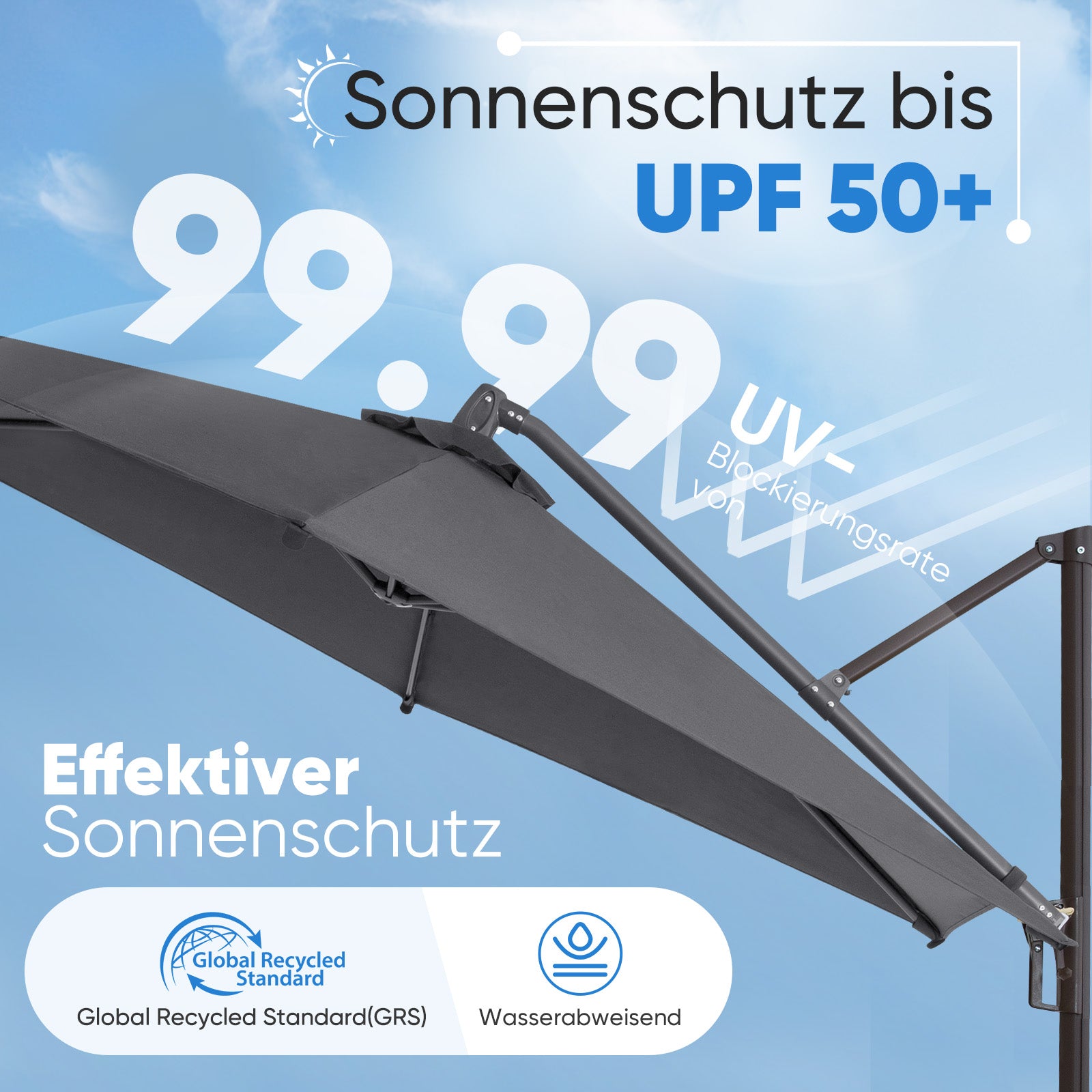 Sekey Ampelschirm 300 cm – Aluminium Sonnenschirm mit 360° Drehung, Neigefunktion, UV50+ Schutz