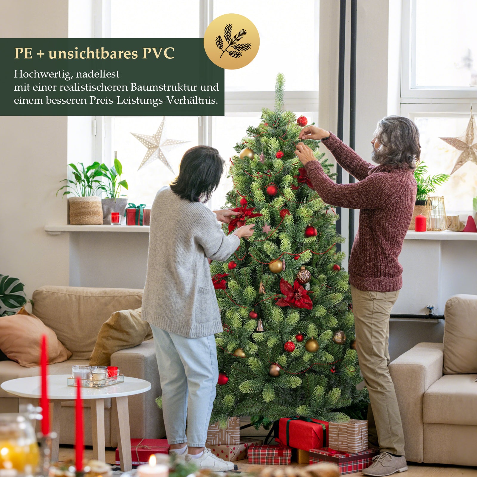 SALCAR 150 cm/180 cm/210 cm Künstlicher Weihnachtsbaum – Realistische PE-Rundspitzen, Unsichtbare PVC-Zweige, Stabiler Metallständer, Perfekt für Innenbereich