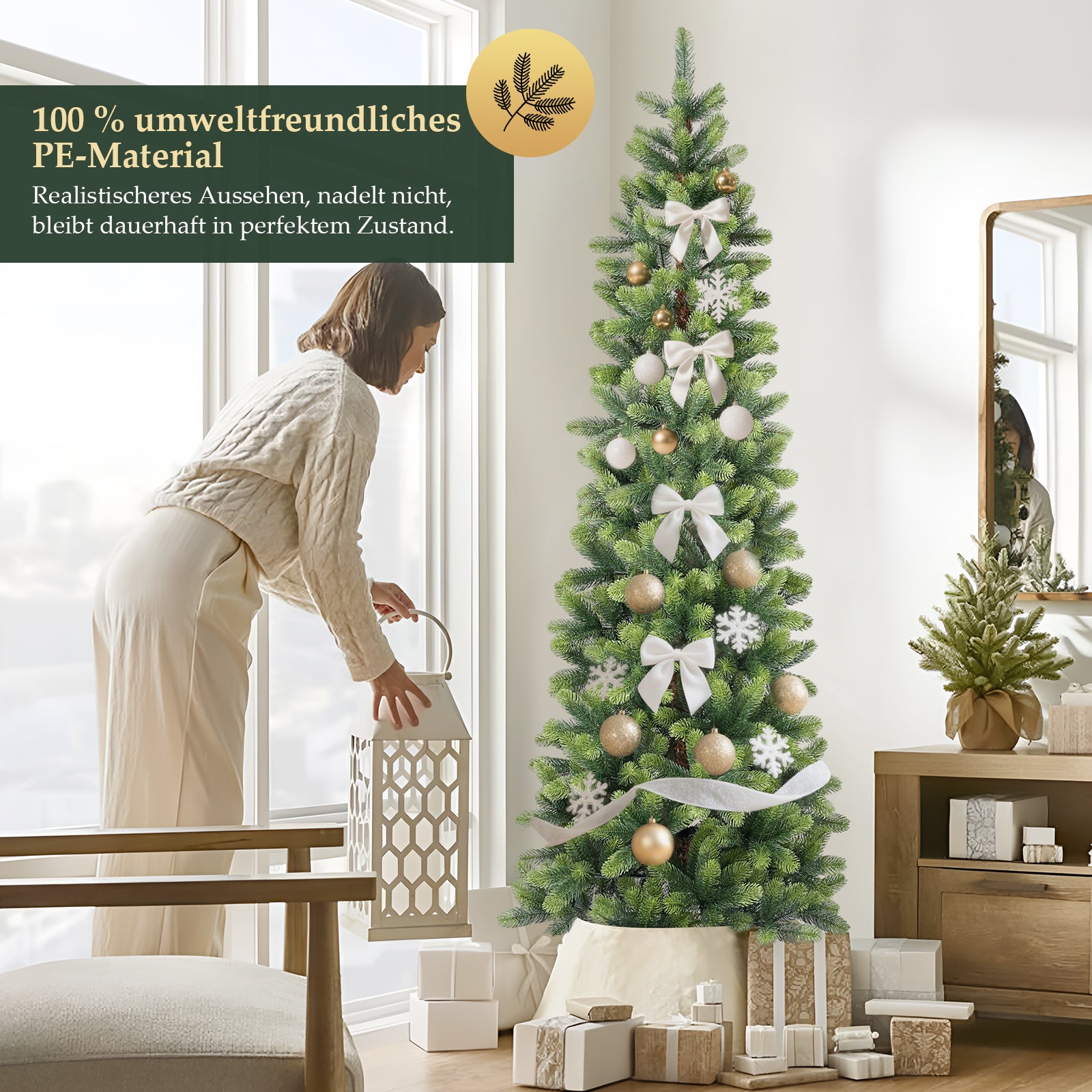 SALCAR Schmaler Künstlicher Weihnachtsbaum 120/150/180/210 cm | Slim Nordmanntanne aus PE, Platzsparend, Realistisch, Wiederverwendbar, Mit Metallständer