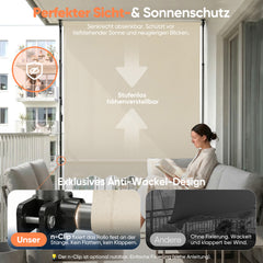 Sekey Klemmmarkise ohne Bohren Beige (200–350 cm Breite), 130 cm Ausfall, 0–90° verstellbar, wasserdicht & UV-Schutz (UPF 50+), Balkon Markise mit Handkurbel für Terrasse & Garten