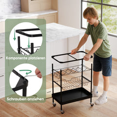 Sekey Serving Trolley with Wheels – Bar Trolley &amp; Kitchen Trolley with MDF Top, Wine Glass Holder, Hooks &amp; Drawer Basket, 360° Wheels, Handle, Rustproof – Black