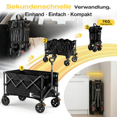 SUNULA Foldable Wagon 120 kg – 150L Handcart with Off-Road Wheels, Brakes &amp; One-Hand Handle