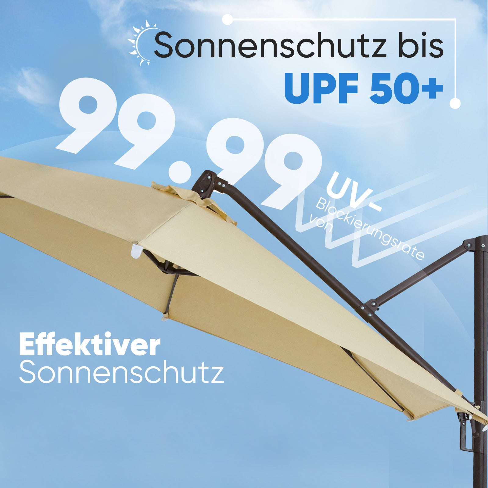 Sekey Ampelschirm 300 cm – Aluminium Sonnenschirm mit 360° Drehung, Neigefunktion, UV50+ Schutz