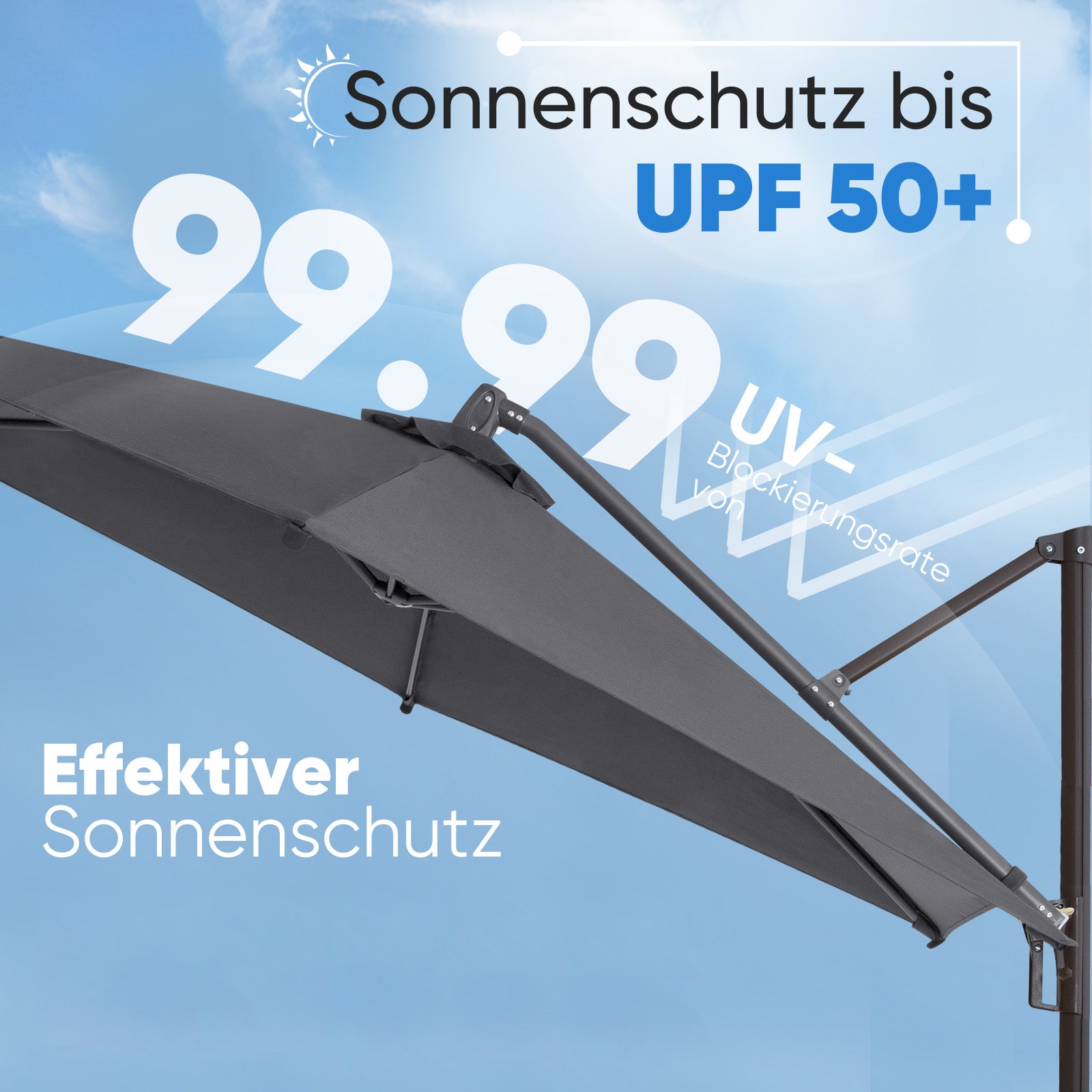 Sekey Ampelschirm 300 cm – Aluminium Sonnenschirm mit 360° Drehung, Neigefunktion, UV50+ Schutz