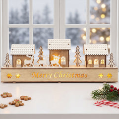 Salcar LED Schwibbogen aus Holz – 43 cm 3D Weihnachtsdorf, 8 LEDs, Batteriebetrieben, Naturholzoptik