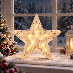 Salcar LED Weihnachtsstern aus Holz – 30 cm, 10 LEDs, Warmweiß, Glitzereffekt, Batteriebetrieb