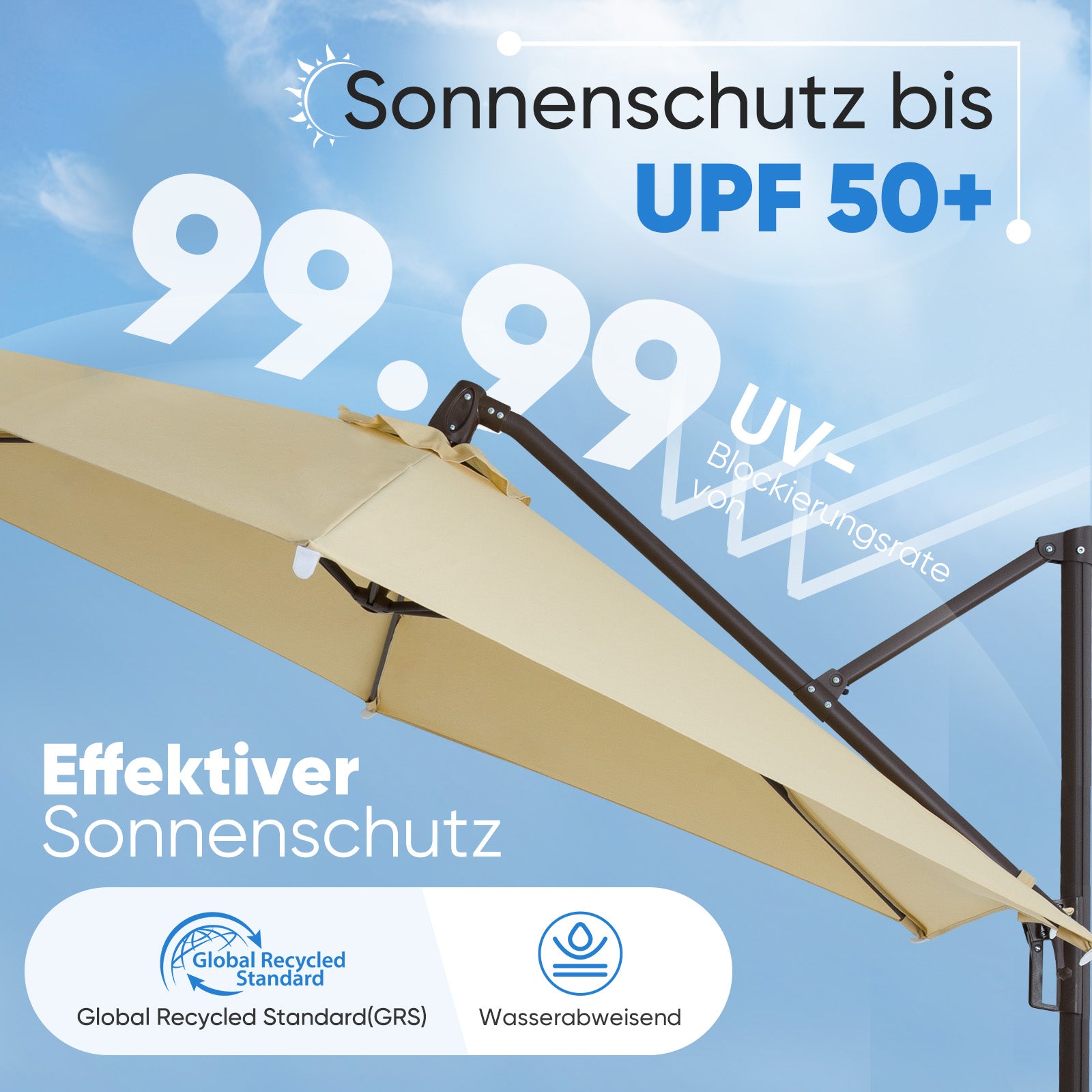 Sekey Ampelschirm 300 cm – Aluminium Sonnenschirm mit 360° Drehung, Neigefunktion, UV50+ Schutz