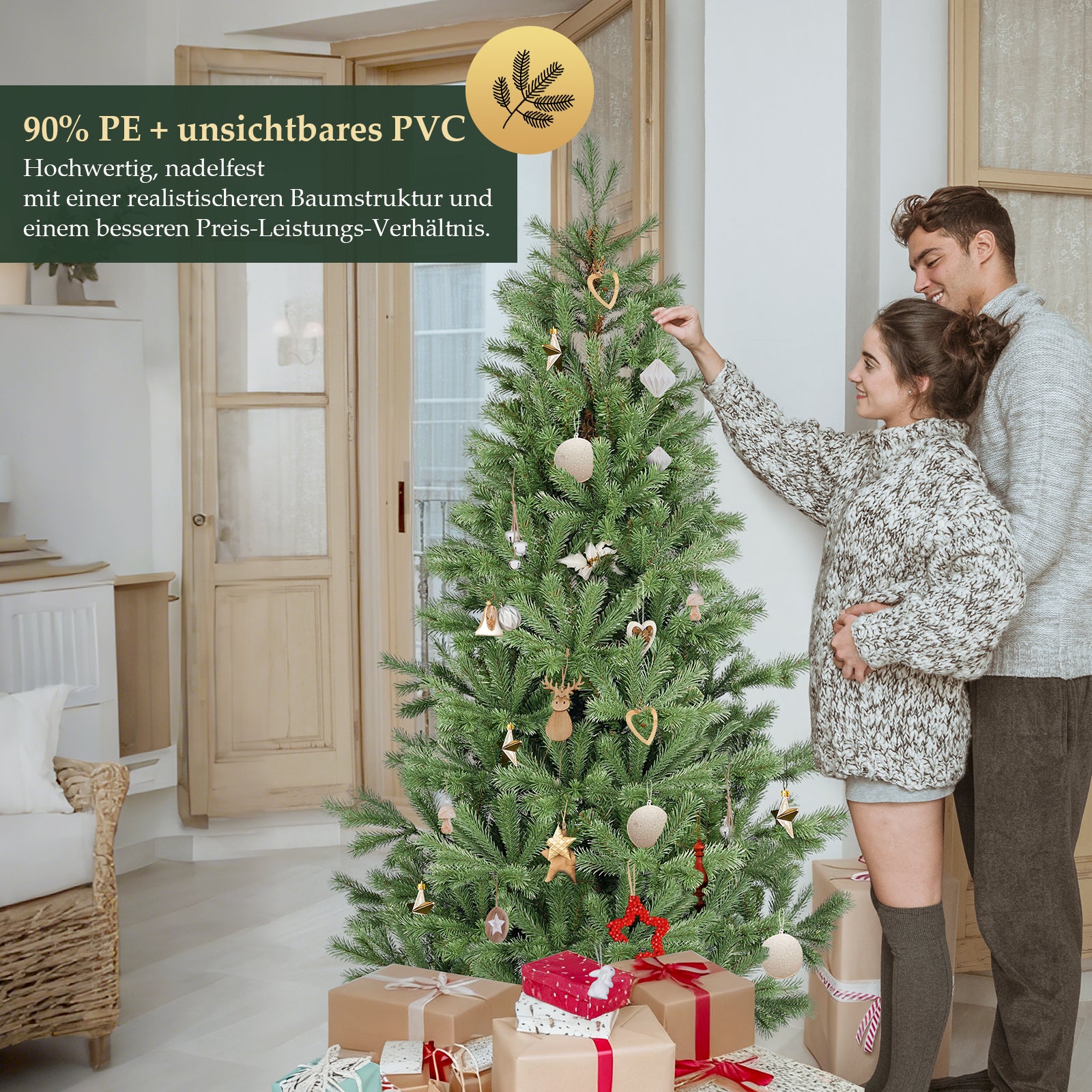 SALCAR Künstlicher Weihnachtsbaum 150/180/210 cm aus 90 % PE Spritzguss, Premium Nordmanntanne, realistischer Christbaum mit stabilem Metallständer & Schnellaufbau-Klappsystem