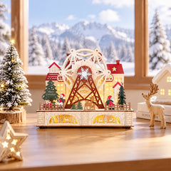 Salcar LED Weihnachtsdorf aus Holz mit Riesenrad – 27,5 cm, 12 LEDs, Batteriebetrieben, Rot & Weiß