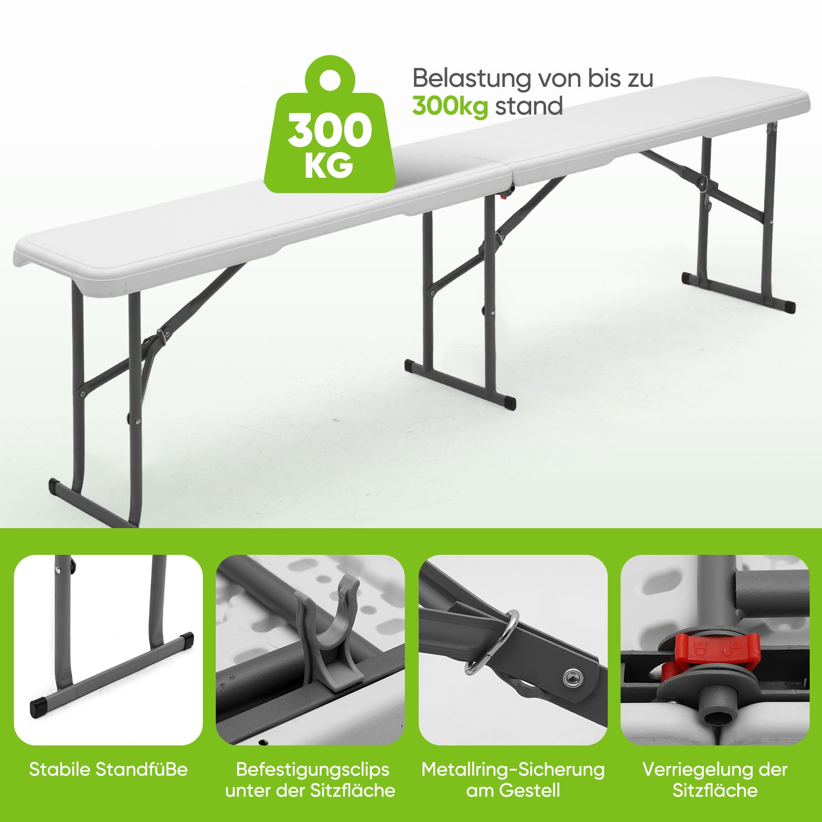 Sekey Klappbare Kunststoff-Bierbank 183 cm – Faltbare Gartenbank, bis 300 kg belastbar, wetterfest, ideal für Camping, Garten & Feste
