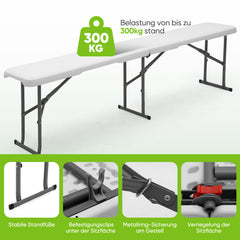 Sekey Klappbare Kunststoff-Bierbank 183 cm – Faltbare Gartenbank, bis 300 kg belastbar, wetterfest, ideal für Camping, Garten & Feste