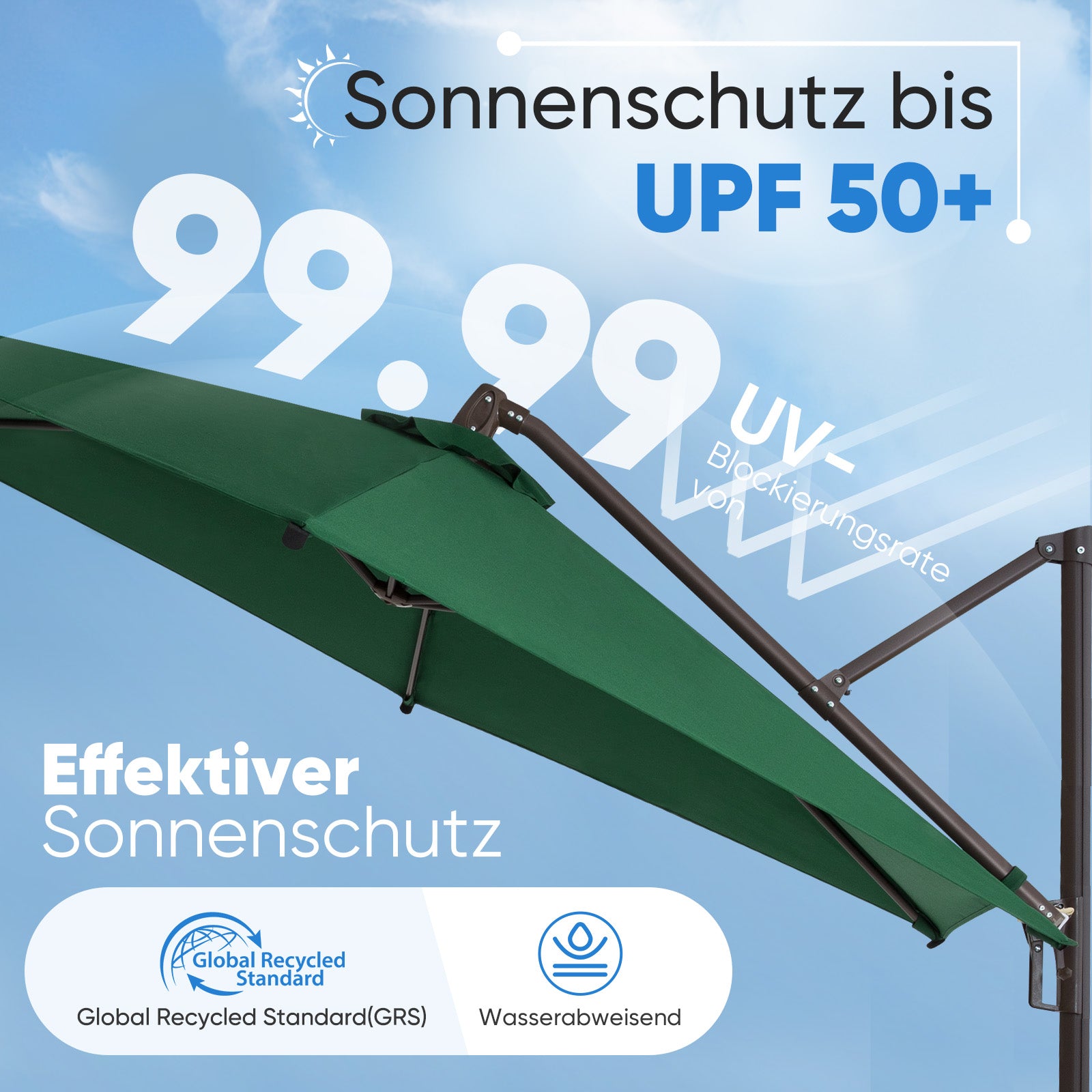 Sekey Ampelschirm 300 cm – Aluminium Sonnenschirm mit 360° Drehung, Neigefunktion, UV50+ Schutz