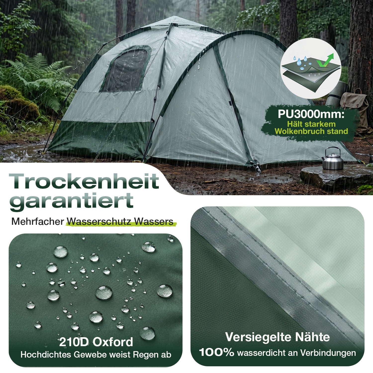Sekey 2-Personen Campingzelt mit Hydraulik Pop-up System – Wurfzelt wasserdicht PU3000+, UV50+ Schutz, 2-in-1 Kuppelzelt mit Vorzelt & Markise für