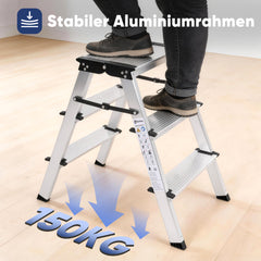 Sekey Trittleiter 3 Stufen aus Aluminium – Beidseitig Begehbar, Rutschfest, TÜV & SGS geprüft, bis 150 kg belastba
