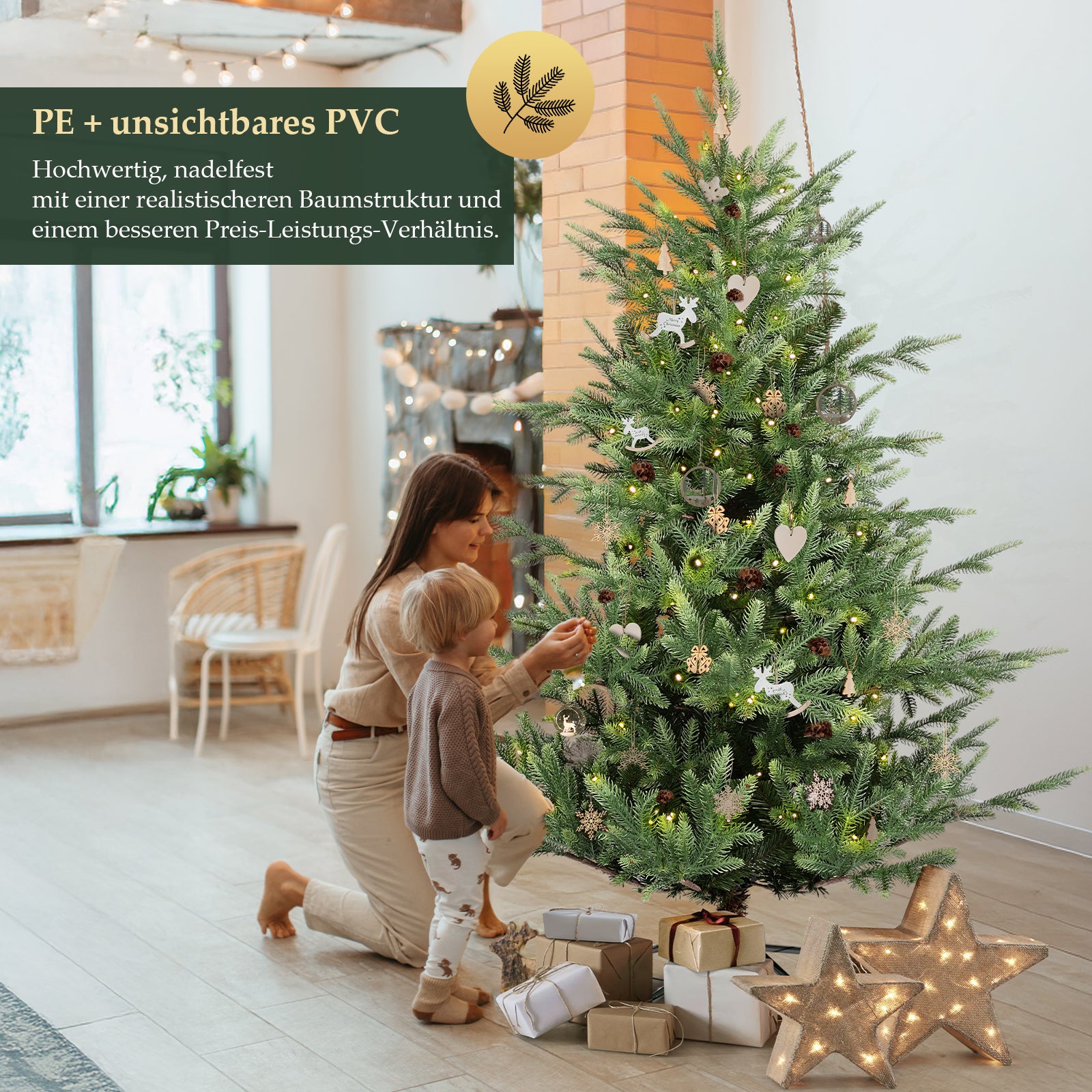 SALCAR Künstlicher Weihnachtsbaum 150/180/210 cm, 90 % PE Spritzguss Premium Tannenbaum, naturgetreuer Christbaum mit Metallständer & Handschuhen – Dicht, Klappbar & Wiederverwendbar
