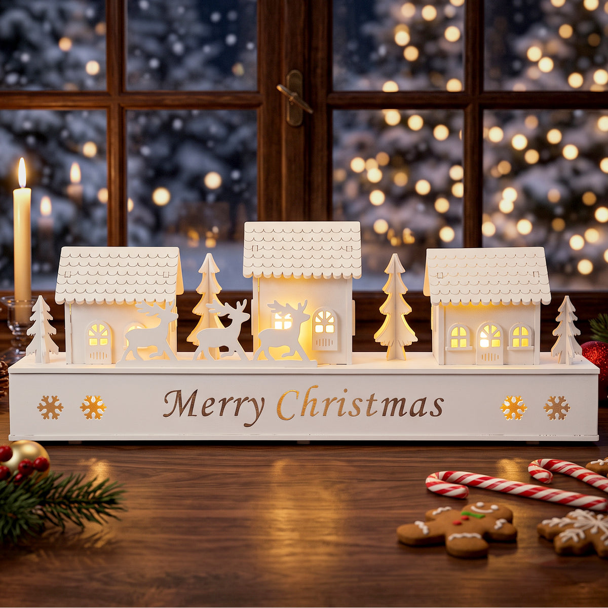 Salcar LED Weihnachtsdorf Schwibbogen – 43 cm, 8 LEDs, Batteriebetrieben, Fensterdeko Weihnachten