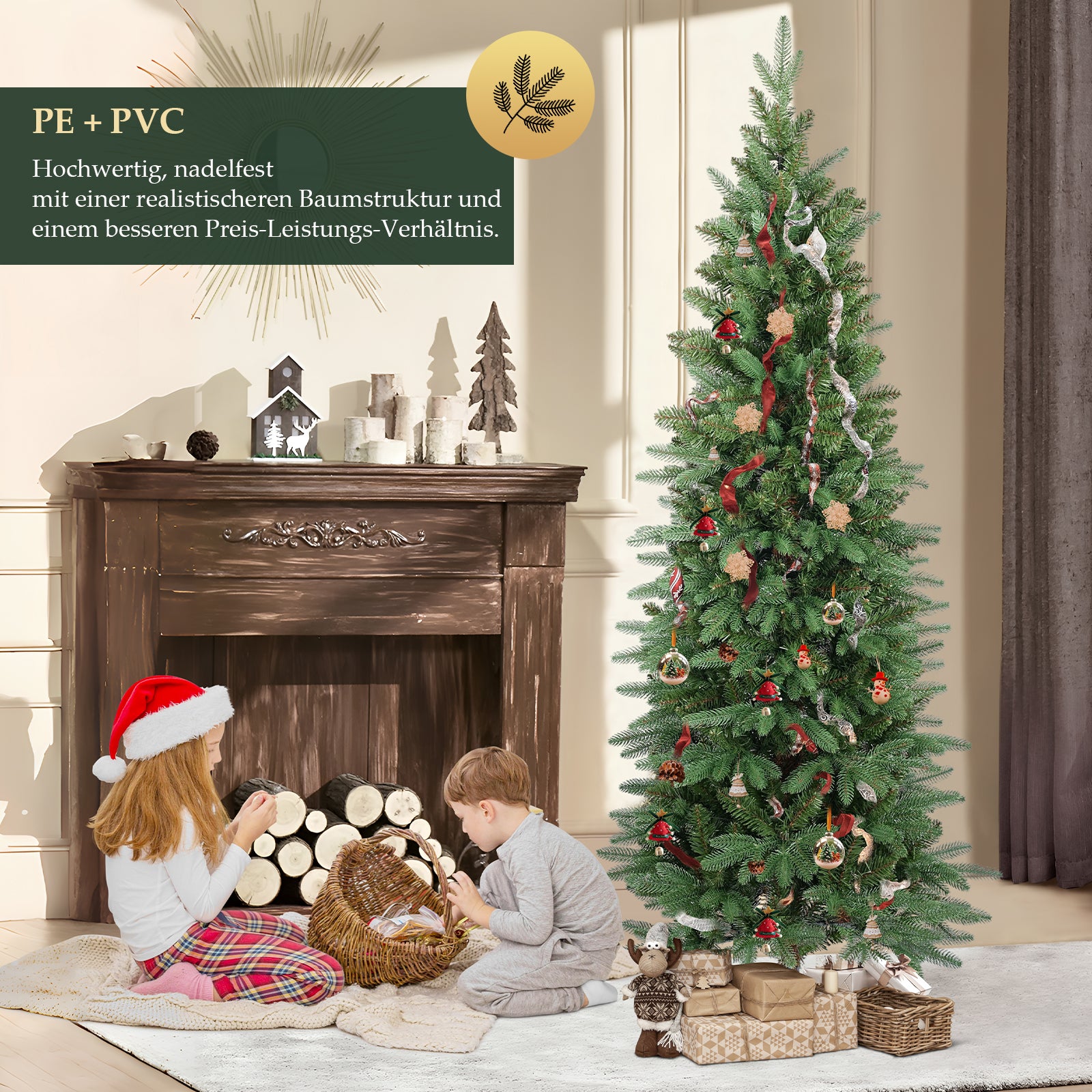 SALCAR Künstlicher Weihnachtsbaum 180 cm Slim – Schmaler Tannenbaum in Pencil-Form, realistische Nadeln aus PE & PVC, platzsparend & langlebig