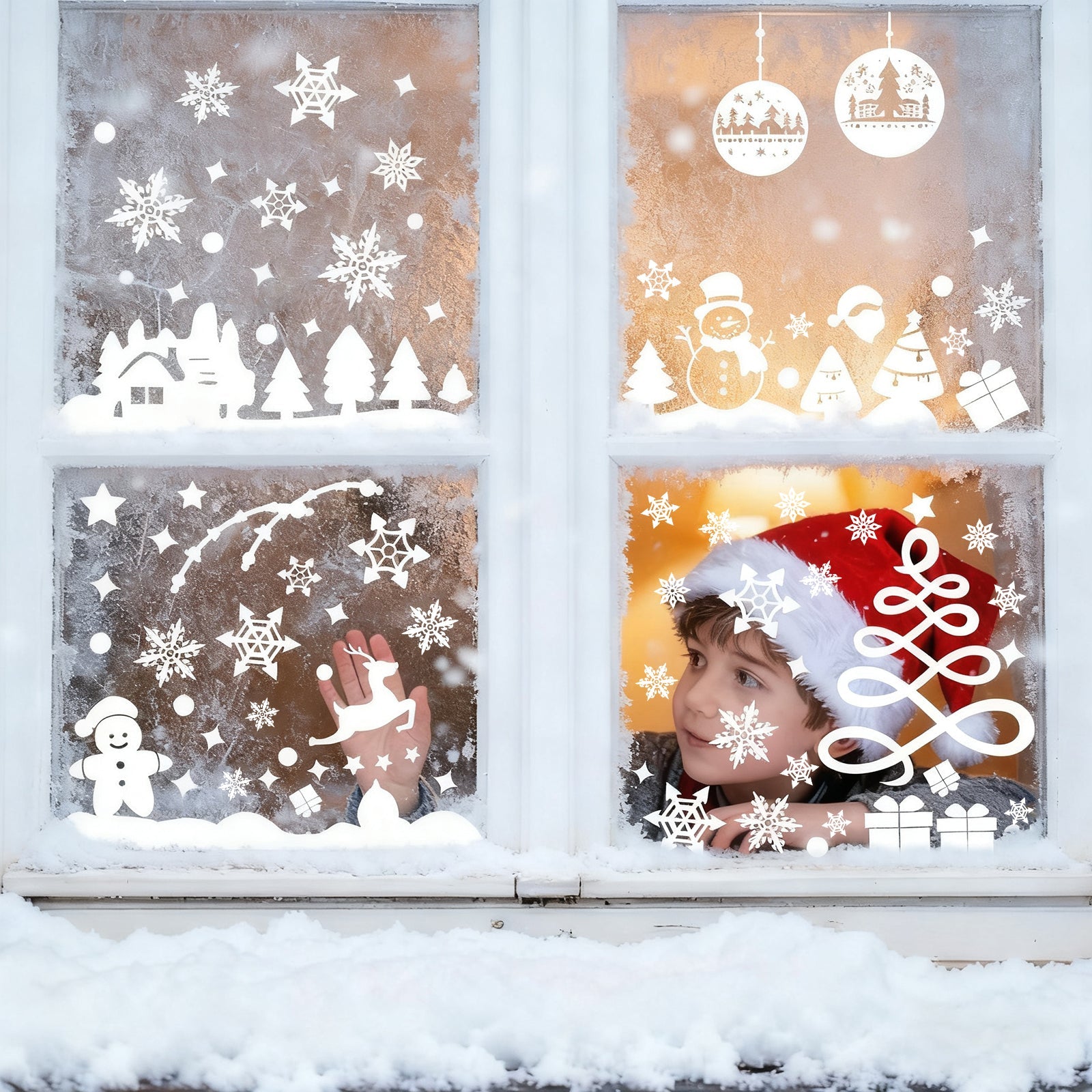 Salcar Fensterbilder Weihnachten – Wiederverwendbare Fensterdeko Weiß, Selbstklebend ohne Kleber, Beidseitig Sichtbar mit Schneeflocken, Häusern & Schneemann Salcar
