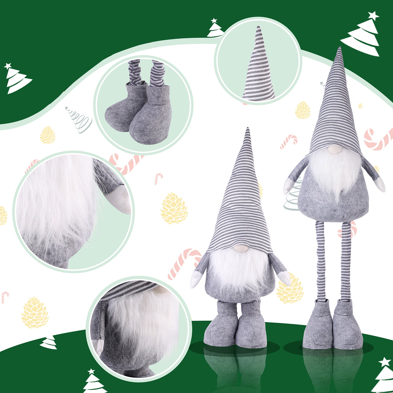 SALCAR Weihnachtsdeko Wichtel XL – Großer Deko-Gnom aus Filz, höhenverstellbar von 60–92 cm, Teleskopbeine, perfektes Geschenk zu Weihnachten & Thanksgiving – Grau