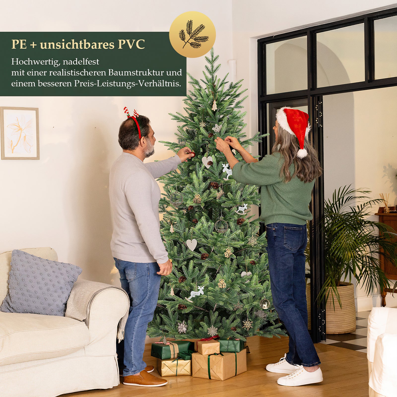 SALCAR Künstlicher Weihnachtsbaum 150/180/210 cm, 90 % PE Spritzguss Premium Tannenbaum, naturgetreuer Christbaum mit Metallständer & Handschuhen – Dicht, Klappbar & Wiederverwendbar