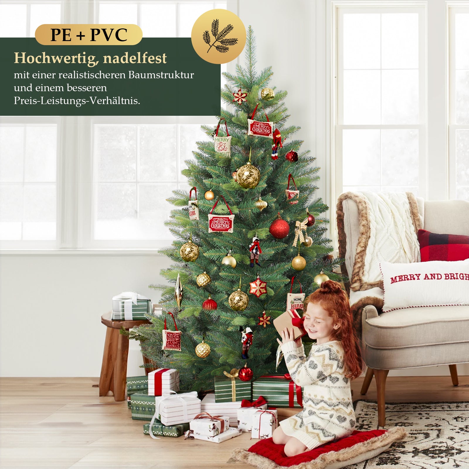 SALCAR Künstlicher Weihnachtsbaum mit Holzständer, Premium PE+PVC Tannenbaum, Realistische & Dichte Optik, Einfacher Aufbau für Innenräume