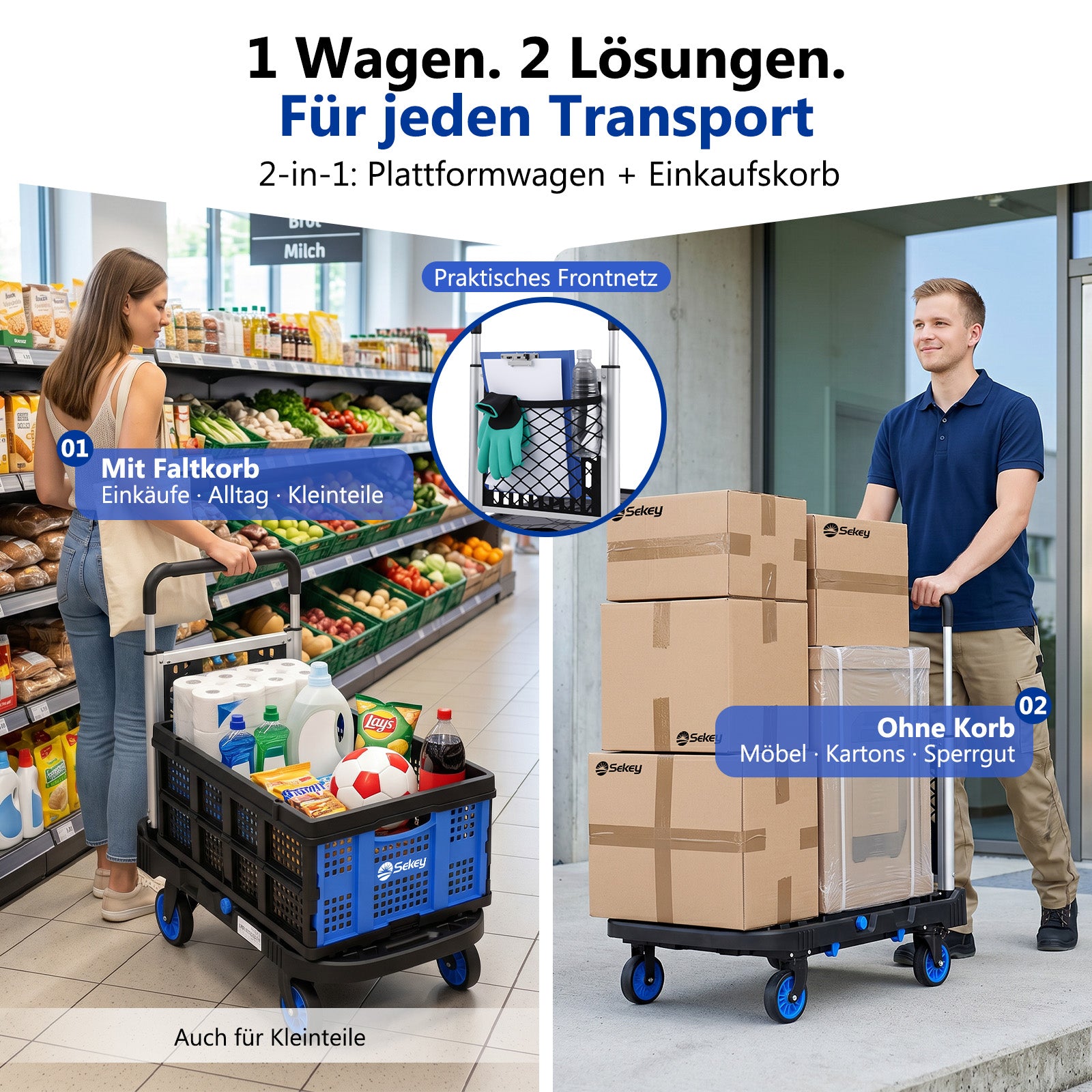 Sekey 2-in-1 Plattformwagen – Klappbar, 137 Kg Traglast, Einkaufskorb Abnehmbar, 3-fach Höhenverstellbarer Griff, 360° TPR-Lenkrollen – EU-Patent